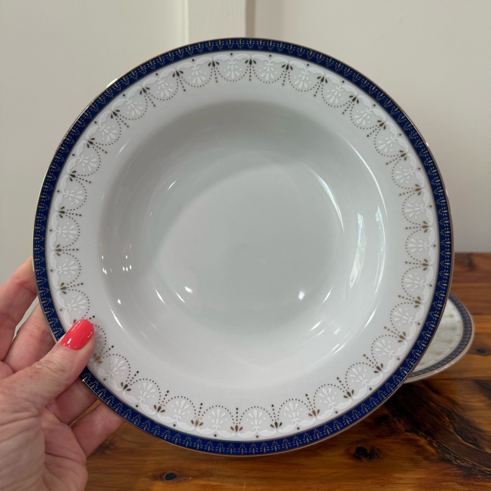 Czech Republic Fine Porcelain Blue White Gold Large Rim Soup Bowl Set of 2